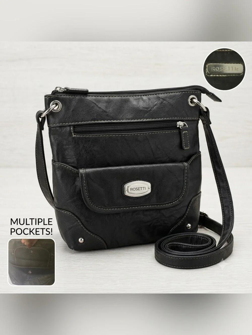 Rosetti Black Faux Leather Crossbody Organizer Bag Silver Hardware